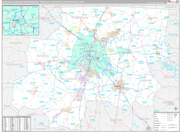 Nashville-Davidson-Murfreesboro-Franklin, TN Metro Area Wall Map